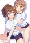  2girls bangs bike_shorts black_buruma blue_eyes blush breasts brown_hair buruma collarbone commentary gym_shirt gym_uniform hair_between_eyes hairband hands_on_another&#039;s_shoulders highres ichi_makoto kneeling large_breasts long_hair multiple_girls original pink_hairband ponytail shirt short_hair short_sleeves simple_background sitting spread_legs stretch white_background white_shirt yellow_eyes 