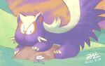 claws commentary_request dated flower gen_4_pokemon grass lying no_humans null_suke on_stomach pokemon pokemon_(creature) rock signature solo stunky white_flower 