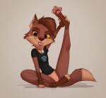  2021 3_toes anthro blep bottomless brown_body brown_fur canid canine canis clothed clothing featureless_crotch feet female fur hi_res looking_at_viewer mammal pawpads pointedfox signature solo stretching toes tongue tongue_out wolf 