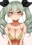  1girl anchovy_(girls_und_panzer) anger_vein bangs bikini black_ribbon blush breasts brown_bikini brown_eyes chyazuke_syake cleavage closed_mouth commentary drill_hair embarrassed eyebrows_visible_through_hair girls_und_panzer glaring green_hair hair_ribbon half-closed_eyes halterneck highres large_breasts long_hair looking_at_viewer navel ribbon smile solo sweatdrop swimsuit twin_drills twintails upper_body v-shaped_eyes 