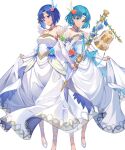  2girls bangs bare_shoulders bell blue_eyes blue_hair breasts catria_(fire_emblem) closed_mouth detached_collar dress feather_trim fire_emblem fire_emblem:_mystery_of_the_emblem fire_emblem:_the_binding_blade fire_emblem_echoes:_shadows_of_valentia fire_emblem_heroes flower full_body hair_ornament highres kakage medium_breasts multiple_girls official_art shiny shiny_hair short_hair simple_background strapless strapless_dress thea_(fire_emblem) transparent_background wedding_dress white_dress white_footwear 