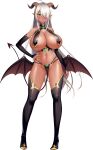  1girl absurdres ahoge ass_visible_through_thighs black_footwear blush boots breast_curtains breasts bridal_gauntlets dark-skinned_female dark_skin demon_girl demon_horns demon_tail demon_wings derauea full_body gold_trim green_eyes hair_over_one_eye highres horns huge_breasts long_hair looking_at_viewer low_wings motto!_haramase!_honoo_no_oppai_isekai_chou_ero_succubus_gakuen! navel official_art photoshop_(medium) pointy_ears qunqun_na_olganite solo standing tail thigh_boots thighhighs transparent_background very_long_hair white_hair wings 