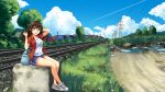  1girl backpack bag bare_legs blue_shorts blue_sky brown_hair cloud collared_shirt condensation_trail day grass green_eyes grey_footwear highres long_hair ndtwofives open_clothes open_mouth open_shirt orange_shirt original outdoors power_lines railroad_tracks scenery shirt shoes short_shorts shorts sitting sky sneakers transmission_tower tree white_shirt 
