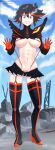  1girl abs absurdres blue_eyes breasts cameltoe cleft_of_venus elbow_gloves gloves high_heels highres kill_la_kill large_breasts matoi_ryuuko multicolored_hair nocunoct rubble senketsu short_hair skirt sky smile strap_pull two-tone_hair 
