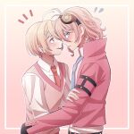  2boys ahoge akamatsu_kaede antenna_hair bangs belt black_belt black_gloves blonde_hair blush brown_background brown_eyes cheer_(cheerkitty14) collared_shirt danganronpa_(series) danganronpa_v3:_killing_harmony flying_sweatdrops genderswap genderswap_(ftm) gloves goggles goggles_on_head gradient gradient_background hair_ornament highres iruma_miu jacket looking_away medium_hair multiple_boys musical_note_hair_ornament necktie notice_lines orange_neckwear pink_jacket pink_vest shirt short_hair sideways_glance smile upper_body upper_teeth vest white_shirt 