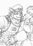  ._(artist) absurd_res anthro barrel_(live-a-hero) blush canid canine canis clothing duo firefighter furlong_(live-a-hero) grin hi_res hyaenid linking_arms live-a-hero male male/male mammal muscular muscular_anthro muscular_male police_uniform policeman smile traditional_media_(artwork) uniform video_games wolf 