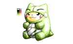 :3 cortoony cosplay costume gen_1_pokemon no_humans pikachu pokemon pokemon_(creature) simple_background sitting smile solo substitute_(pokemon) white_background 