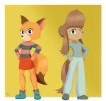  anthro blue_eyes border bottomwear canid canine canis clothing dipstick_tail domestic_dog duo female footwear fox fur green_eyes hands_on_hips hi_res konami_yung mammal multicolored_tail orange_body orange_fur pants pattern_clothing pattern_shirt pattern_topwear shirt shoes simple_background skirt striped_clothing striped_shirt striped_topwear stripes tan_body tan_fur topwear unknown_character white_border yellow_background 