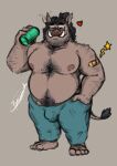  2021 anthro bottomwear bulge clothing eyes_closed eyewear glasses hairy male mammal moobs nipples overweight overweight_anthro overweight_male pants pubes pure_command simple_background solo suid suina sus_(pig) wild_boar 