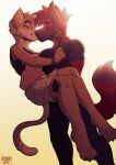  anthro bottomwear bracelet bright canid canine canis carrying_partner clothing diasuke77 domestic_cat duo eyes_closed felid feline felis hi_res jewelry kissing male male/male mammal pants shirt shorts simple_background tank_top topwear wolf 