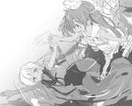  2girls bangs dress flower greyscale hair_flower hair_ornament hair_ribbon hat ifuji_shinsen kantai_collection libeccio_(kancolle) long_hair monochrome multiple_girls one-piece_swimsuit open_mouth ribbon rigging ro-500_(kancolle) sailor_collar sailor_dress sketch sleeveless sleeveless_dress striped striped_neckwear swimming swimsuit swimsuit_under_clothes twintails underwater 