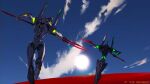  amiami bident blue_sky cloud cloudy_sky dated eva_01 highres holding holding_polearm holding_spear holding_weapon mecha neon_genesis_evangelion no_humans outdoors polearm running signature sky spear sun weapon 