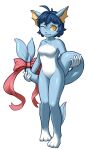  3_toes 5_fingers amber_eyes anthro blue_body blue_hair bow_ribbon breasts cute_expression eeveelution featureless_breasts featureless_crotch feet female fin fingers hair hi_res long_tail looking_at_viewer nintendo one_eye_closed pok&eacute;mon pok&eacute;mon_(species) ribbons ruka_vaporeon solo tail_ribbon toes unknown_artist vaporeon video_games white_body wink winking_at_viewer 