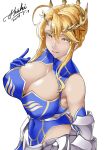  1girl absurdres ahoge artoria_pendragon_(all) artoria_pendragon_(lancer)_(fate) bangs bare_shoulders blonde_hair blue_gloves blue_leotard blush braid breasts cleavage cleavage_cutout clothing_cutout crown elbow_gloves fate/grand_order fate_(series) faulds french_braid gauntlets gloves green_eyes hair_between_eyes highleg highleg_leotard highres huge_breasts leotard long_hair looking_at_viewer love-saber open_mouth sidelocks simple_background smile white_background 