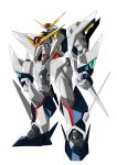  clenched_hands commentary_request fukaya_yuu full_body green_eyes gundam gundam_hathaway&#039;s_flash highres mecha mobile_suit modified no_humans science_fiction shiny solo standing v-fin white_background xi_gundam 