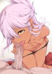  1girl breasts chloe_von_einzbern dark-skinned_female dark_skin fate/grand_order fate/kaleid_liner_prisma_illya fate_(series) fellatio highres long_hair navel nipples one_side_up oral panties panty_pull penis pink_hair pussy small_breasts stomach_tattoo tattoo tongue tongue_out underwear yellow_eyes yuiga_naoha 