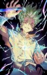  1boy bandaged_arm bandages bikkusama collarbone diffraction_spikes dr._stone electricity facial_mark fingernails green_hair highres holding ishigami_senkuu liquid male_focus parted_lips pouring red_eyes smile solo teeth torn torn_clothes vial 