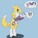  ! 1:1 ? ambiguous_gender animate_inanimate anthro balloon-quilava bandai_namco blue_background digimon digimon_(species) eye_markings gender_symbol hexatoy hi_res inflatable living_inflatable markings nozzle pictographics pool_toy printed_eyes purple_sleeves renamon shadow simple_background solo symbol white_feet yellow_body yin_yang 