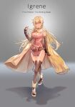 1girl absurdres black_gloves blonde_hair boots breasts cape cleavage commission commissioner_upload dark-skinned_female dark_skin dress elbow_gloves fingerless_gloves fire_emblem fire_emblem:_the_binding_blade gloves highres igrene_(fire_emblem) lala_(sputnik) large_breasts long_hair looking_at_viewer red_dress simple_background skeb_commission smile solo thighhighs yellow_eyes 