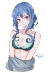  1girl blue_bra blue_eyes blue_hair bra breasts cleavage gotland_(kancolle) haggy hair_bun highres kantai_collection long_hair looking_at_viewer medium_breasts mole mole_under_eye one-hour_drawing_challenge sidelocks signature simple_background solo underwear upper_body white_background 