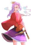  1girl absurdres back bangs closed_fan fan folding_fan from_behind highres holding holding_fan holding_pipe japanese_clothes kimono kiseru komakusa_sannyo liyunfeng96 long_hair long_sleeves looking_back open_mouth pipe purple_hair red_eyes red_kimono red_robe ribbon smile smoke solo standing tobacco touhou wide_sleeves yellow_ribbon 