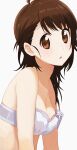  1girl bare_shoulders bow bow_bra bra brown_eyes brown_hair commentary eyebrows_visible_through_hair from_side highres hiroki_(yyqw7151) looking_at_viewer nisekoi onodera_kosaki parted_lips simple_background solo underwear wardrobe_malfunction white_bra 