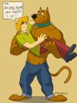  anthro blep blush bulge canid canine canis decker_the_wolf dialogue domestic_dog duo hanna-barbera hi_res human male mammal muscular muscular_anthro muscular_male scooby-doo scooby-doo_(series) simple_background tongue tongue_out 