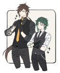  2boys adjusting_clothes adjusting_necktie alternate_costume arm_tattoo bangs black_gloves black_neckwear black_pants black_shirt black_vest brown_hair chain closed_mouth cropped_legs ear_piercing earrings facial_mark forehead_mark formal genshin_impact gloves green_hair highres jewelry long_hair male_focus multicolored_hair multiple_boys necktie pants papajay_(jennygin2) piercing ponytail shirt simple_background single_earring sparkle tassel tassel_earrings tattoo vest white_shirt xiao_(genshin_impact) yellow_eyes yellow_neckwear zhongli_(genshin_impact) 