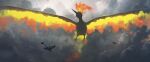  1other absurdres asteroid_ill bird closed_mouth cloud commentary_request dragonite fire flygon gen_1_pokemon gen_3_pokemon giant highres huge_filesize legendary_pokemon moltres pokemon pokemon_(creature) riding_pokemon 