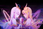  2girls artist_name blonde_hair blush closed_eyes collared_dress cosmic_lux dark_cosmic_lux english_text eyebrows_visible_through_hair gloves headpiece holding_hands league_of_legends long_hair looking_at_another looking_down luxanna_crownguard multiple_girls red_eyes ruan_chen_yue smile white_hair yuri 