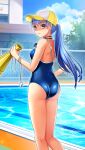  1girl ass bangs baseball_cap blue_hair blue_sky blue_swimsuit closed_mouth cloud day doukyuusei_another_world eyebrows_visible_through_hair floating_hair from_behind game_cg hat holding kakyuusei_2 long_hair looking_at_viewer looking_back official_art outdoors ponytail poolside red_eyes shiny shiny_hair shoulder_blades sky smile solo standing swimsuit takatoo_nanase very_long_hair whistle yellow_headwear 