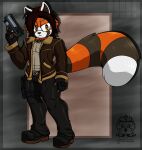  ailurid anthro clothed clothing fan_character gloves gun handwear hi_res inner_ear_fluff jacket male mammal orange_eyes ranged_weapon red_panda snowyowlkonnen solo sonic_the_hedgehog_(series) topwear tuft weapon 