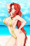  1girl arm_up beach braid braided_ponytail breasts cleavage commentary commission fire_emblem fire_emblem:_radiant_dawn green_eyes horizon large_breasts lindaroze long_hair navel ocean red_hair sand single_braid slingshot_swimsuit smirk solo standing swimsuit titania_(fire_emblem) very_long_hair yellow_swimsuit 