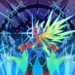  1boy alternate_costume alternate_design android capcom dual_wielding energy_blade energy_sword from_behind green_hair helmet hi-go! highres holding holding_weapon long_hair looking_at_viewer looking_back mega_man_(series) mega_man_zero solo sword translucent_hair weapon zero_(mega_man) 