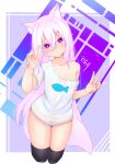  1girl :&lt; animal_ear_fluff animal_ears black_legwear breasts double_v expressionless fox_ears fox_girl highres kouhii_kitsune long_hair medium_breasts naked_shirt no_pants off_shoulder original pink_eyes pink_hair shirt short_sleeves thighhighs v white_shirt 