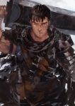  1boy absurdres armor bandaged_arm bandages berserk black_hair black_scarf closed_mouth dragonslayer_(sword) guts_(berserk) highres holding holding_sword holding_weapon huge_weapon kaamin_(mariarose753) male_focus one_eye_closed scar scar_on_face scarf solo sword weapon 