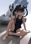  1girl arm_support barefoot black_hair black_swimsuit brown_eyes commentary_request flat_chest full_body grin gun handgun highres legs looking_at_viewer mecha original pistol rohitsuka school_swimsuit shadow sitting smile solo swimsuit twintails weapon 