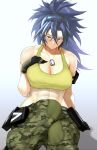  1girl abs anagumasan armlet bangs bare_shoulders blue_eyes blue_hair breasts camouflage camouflage_pants cargo_pants cleavage dog_tags earrings hand_on_own_chest highres ikari_warriors jewelry large_breasts leona_heidern muscular muscular_female pants ponytail pouch shy sitting sleeveless snk solo tank_top the_king_of_fighters the_king_of_fighters_xiv the_king_of_fighters_xv triangle_earrings yellow_tank_top 