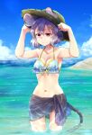  1girl animal_ears bare_shoulders bikini breasts caustics cloud collarbone day dra gold_trim grey_hair hair_ornament hairclip hands_up hat horizon medium_breasts mouse_ears mouse_tail navel nazrin outdoors partially_submerged red_eyes sarong sky smile solo swimsuit tail touhou 
