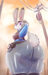  anthro big_butt black_body black_fur breasts butt butt_pose clothed clothing disney female fur grey_body grey_fur hands_behind_head hi_res huge_butt judy_hopps kiseff lagomorph leporid long_ears looking_at_viewer looking_back looking_down low-angle_view mammal police_uniform portrait pose purple_eyes rabbit scut_tail solo standing thick_thighs three-quarter_portrait uniform white_body white_fur zootopia 