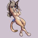  1:1 2021 anthro arms_above_head blue_eyes blvejay breasts brown_body brown_fur caracal caracal_(genus) detailed felid feline female fur hair long_hair looking_at_viewer lying mammal nipples on_back shaded simple_background smile solo tan_body tan_fur 