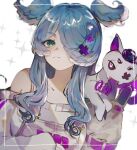  1girl animal_ears animal_on_shoulder blue_hair closed_mouth collarbone cross_hair_ornament dragon dragon_girl elira_pendora extra_ears gloves green_eyes hair_ornament hair_over_one_eye highres imamiya_pinoko jewelry long_sleeves mole necklace nijisanji nijisanji_en off_shoulder overalls pikl_(elira_pendora) simple_background virtual_youtuber white_eyes 