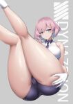  1girl ass ass_grab bare_shoulders blue_eyes blush cameltoe covered_nipples feet_out_of_frame gloves grabbing_own_ass gridman_universe hair_between_eyes highres legs_up looking_at_viewer mahou_kyuuri mujina pink_hair purple_neckwear purple_shorts shirt short_hair short_shorts shorts sleeveless sleeveless_shirt solo ssss.dynazenon thick_thighs thighs v-shaped_eyebrows white_footwear white_gloves 