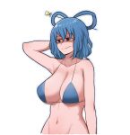 1girl arm_up bikini bikini_top blue_eyes blue_hair blue_outline breasts cleavage collarbone english_commentary eyebrows_visible_through_hair groin hair_ornament hair_rings hair_stick highres kaku_seiga large_breasts mata_(matasoup) navel outline shaded_face simple_background smile smirk solo swimsuit touhou upper_body white_background 