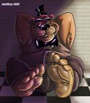  3d_effect animatronic anthro armpit_hair black_bottomwear black_bow_tie black_clothing black_eyebrows black_pants black_top_hat body_hair bottomwear bow_tie brick_wall brown_body brown_fur checkered_floor clothing eyebrows feet five_nights_at_freddy&#039;s foot_fetish foot_focus freddy_(fnaf) fur grin hands_behind_back hands_behind_head hat headgear headwear inside jusosleep machine male multicolored_body no_shoes overweight overweight_anthro overweight_male pants relaxing robot scott_cawthon shadow small_ears smile soles solo suit top_hat two_tone_body video_games wall_(structure) wrinkles 
