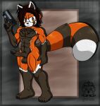  ailurid anthro balls fan_character fluffy_chest genitals gun hi_res inner_ear_fluff male mammal muscular muscular_anthro muscular_male orange_eyes penis ranged_weapon red_panda snowyowlkonnen solo sonic_the_hedgehog_(series) tuft weapon 