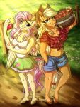  2021 3:4 absurd_res anthro apple_(fruit) applejack_(mlp) basket blue_clothing bottomwear carrying clothing cowboy_hat cutoffs daisy_dukes denim denim_clothing duo earth_pony equid equine fluttershy_(mlp) food friendship_is_magic hasbro hat headgear headwear hi_res holding_object horse hotpants lidded_eyes lupiarts mammal my_little_pony orange_body pattern_clothing pegasus plaid plaid_clothing pony shirt shorts skirt tank_top topwear unguligrade_anthro white_clothing wings yellow_body 