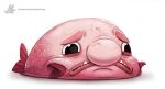  2015 ambiguous_gender black_eyes blobfish cryptid-creations feral fish marine pink_body pink_scales sad scales scorpaeniform sculpin simple_background solo teeth text url white_background 