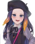  1girl artofkuzu beret blush english_commentary fang forehead hat highres hololive long_hair lower_teeth mole mole_under_eye ninomae_ina&#039;nis open_mouth pointy_ears purple_eyes purple_hair tentacle_hair virtual_youtuber 