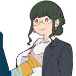  1boy 1girl anosillus_ii bangs breast_grab business_suit earrings eyebrows_visible_through_hair formal gauma glasses grabbing gridman_universe hair_bun heart heart_earrings highres jewelry o_o office_lady older onsen_tamago_(hs_egg) orange_eyes sidelocks spoilers ssss.dynazenon suit white_background 